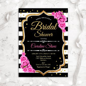 ブライダルシャワー-白黒ストライプとピンクローズ 招待状