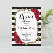 ブライダルシャワー-白黒ストライプ金ゴールドレッドローズ 招待状 (スタンド正面)
