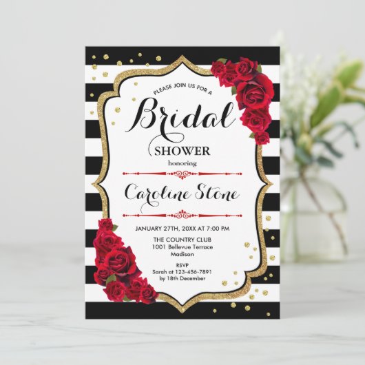 ブライダルシャワー-白黒ストライプ金ゴールドレッドローズ 招待状 (スタンド正面)