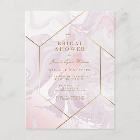 ブライダルシャワー |紫の大理石の渦巻き葉書 ポストカード (正面)