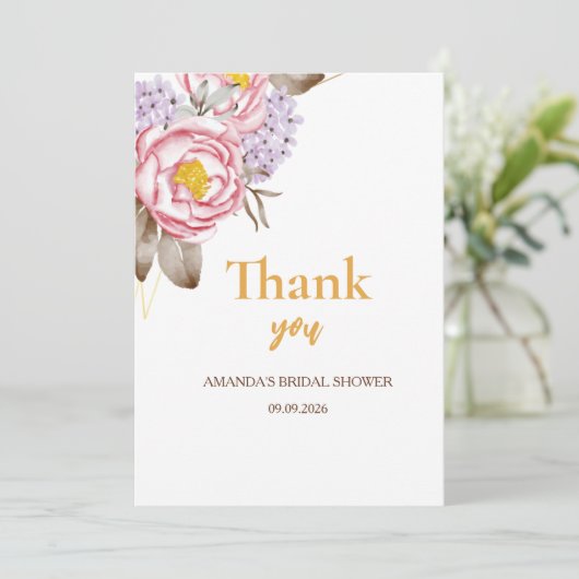 ブライダルシャワー 花 ユーカリ ローズゴールド ピンク サンキューカード (スタンド正面)