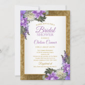 ブライダルシャワー-金ゴールドのダマスク織及びラベンダーの紫色 招待状 (正面)