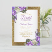 ブライダルシャワー-金ゴールドのダマスク織及びラベンダーの紫色 招待状 (スタンド正面)