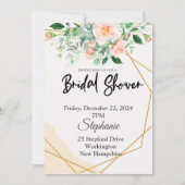 ブライダルシャワー、金ゴールドフレーム、花のping 招待状 (正面)