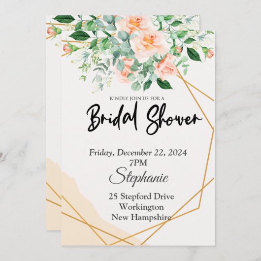ブライダルシャワー、金ゴールドフレーム、花のping 招待状 (正面/裏面)