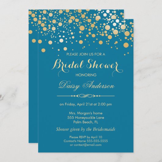 ブライダルシャワー-金ゴールド紙吹雪ドット王室のブルー 招待状 (正面/裏面)