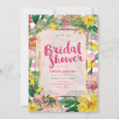 ブライダルシャワー |黄かわいらし色ピンクフローラ+ストライプ 招待状 (正面)