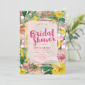 ブライダルシャワー |黄かわいらし色ピンクフローラ+ストライプ 招待状 (スタンド正面)