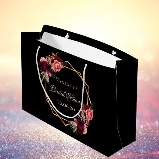 ブライダルシャワー 黒の花束 ワインレッド ラージペーパーバッグ