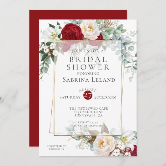 ブライダルシャワー | Burgundy Peonyフローラ・フレーム 招待状 (正面/裏面)