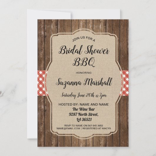 ブライダルシャワーBBQの招待の赤いギンガムのバーラップ 招待状 (正面)