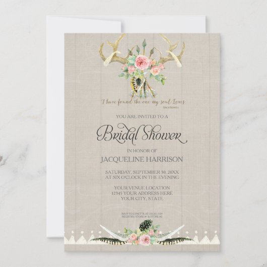 ブライダルシャワーBOHOはシカの枝角のバラの芸術に羽をつけます 招待状 (正面)