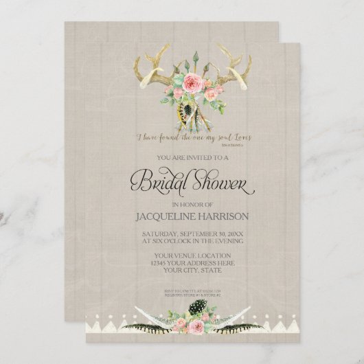 ブライダルシャワーBOHOはシカの枝角のバラの芸術に羽をつけます 招待状 (正面/裏面)