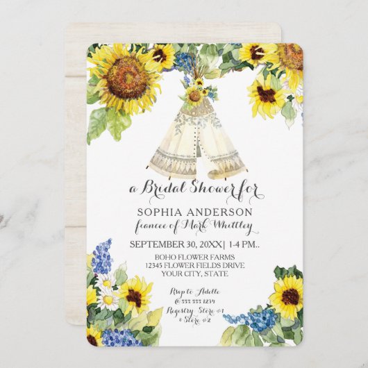 ブライダルシャワーBOHOフローラテペヒマワリデイジー 招待状 (正面/裏面)