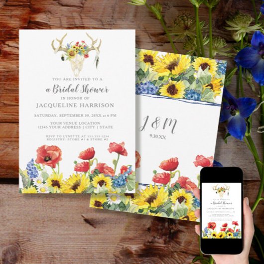 ブライダルシャワーBOHO鹿スカルアントラーwひまわり 招待状