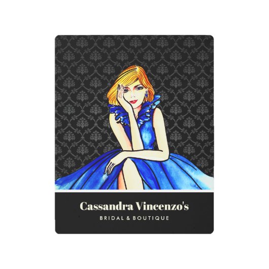 ブライダルダーク王室のブルーカクテルガウンブラックダマスク メタルプリント (正面)