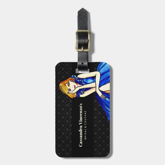 ブライダルダーク王室のブルーカクテルガウンブラックダマスク ラゲッジタグ (正面縦)