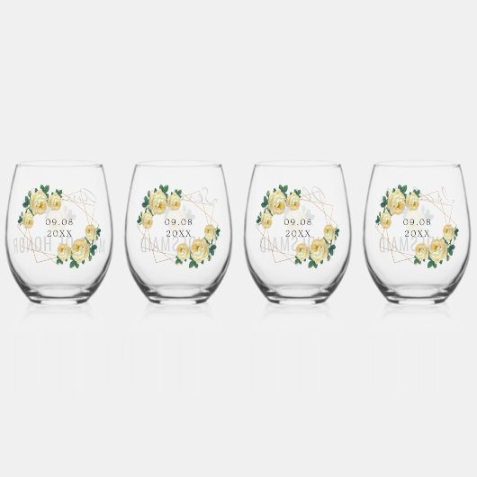 ブライダルチーム金ゴールドグリッタージオイエローフローラ結婚ズ ステムなしワイングラス (裏面)