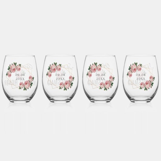 ブライダルチーム金ゴールドグリッタージオピンクフローラ結婚ズ ステムなしワイングラス (裏面)