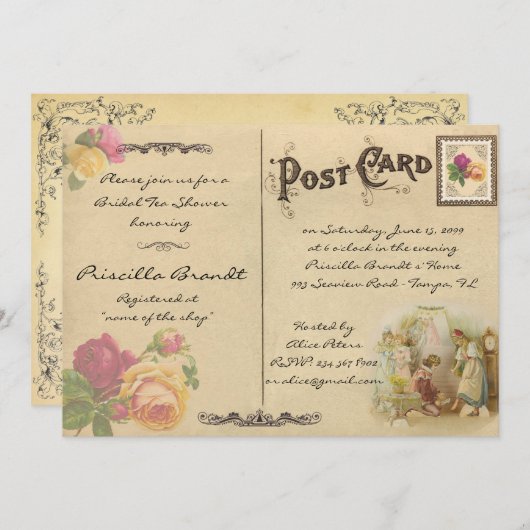 ブライダルティーシャワー顕彰、スタイル古はがき6 招待状 (正面/裏面)