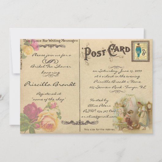 ブライダルティーシャワー顕彰、スタイル古はがき 招待状 (正面)