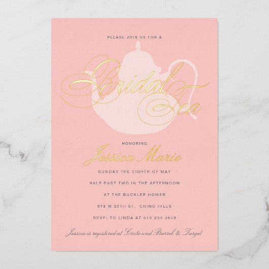 ブライダルティーシルバーティーポットエレガントブライダルシャワー 箔招待状 (正面)