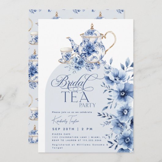 ブライダルティーパーティーブルーチノワセリーブライダルシャワー 招待状 (正面/裏面)