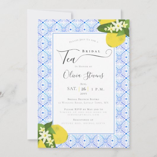 ブライダルティーレモンエレガントポルトガル語タイルのシャワーシャワー 招待状 (正面)