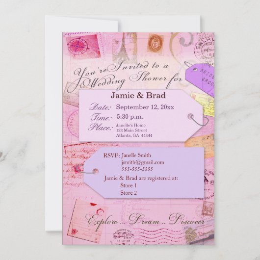 ブライダルトラベルシャワーテーマ(ピンクと紫のインビ) 招待状 (正面)