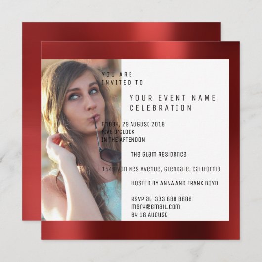 ブライダルパーティのFotoの幾何学の赤いルビー色の金属 招待状 (正面/裏面)