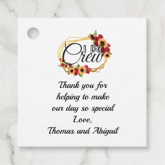 ブライダルパーティギフト、私クルー、ひまわり、バラ フェイバータグ (正面)