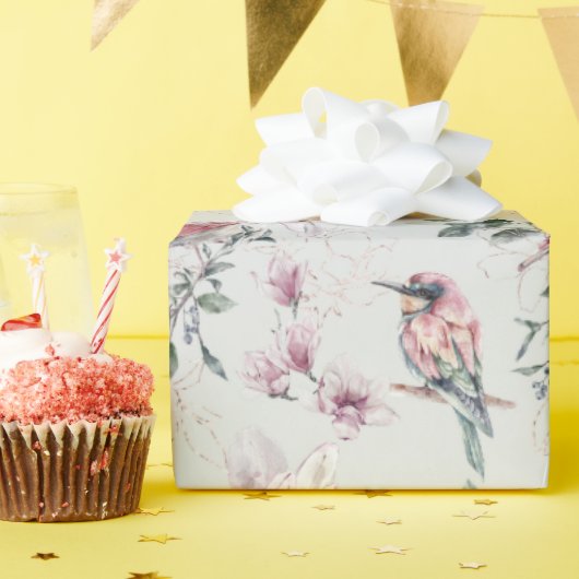 ブライダルピンクの水彩花と鳥 ラッピングペーパー (誕生日パーティー)