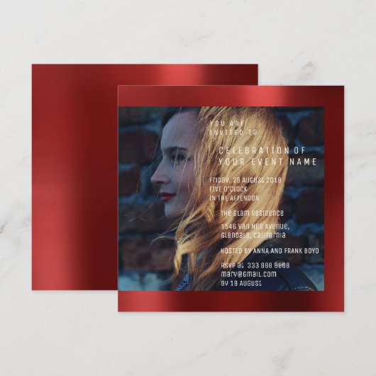 ブライダルフォト卒業誕生日ルビーレッドメタリック 招待状 (正面/裏面)