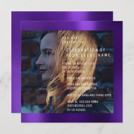 ブライダルフォート卒業誕生日プラムメタリック 招待状 (正面/裏面)