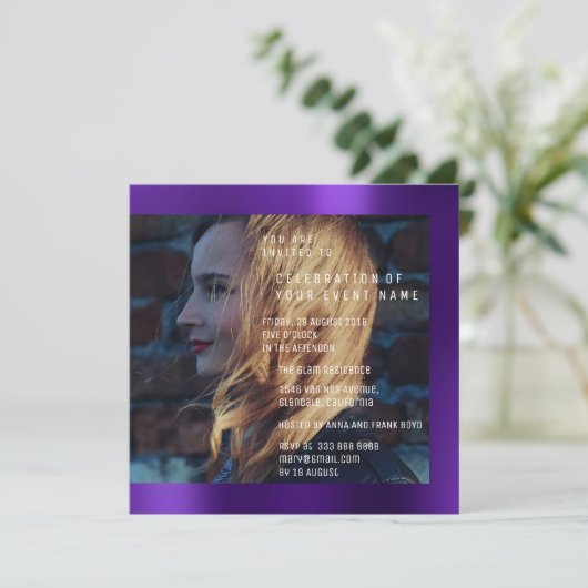 ブライダルフォート卒業誕生日プラムメタリック 招待状 (スタンド正面)