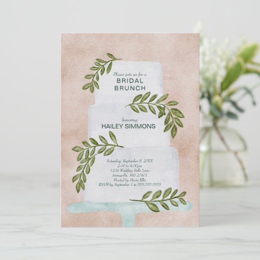 ブライダルブランチ結婚ウオーターカラーズケーキと緑 招待状 (スタンド正面)
