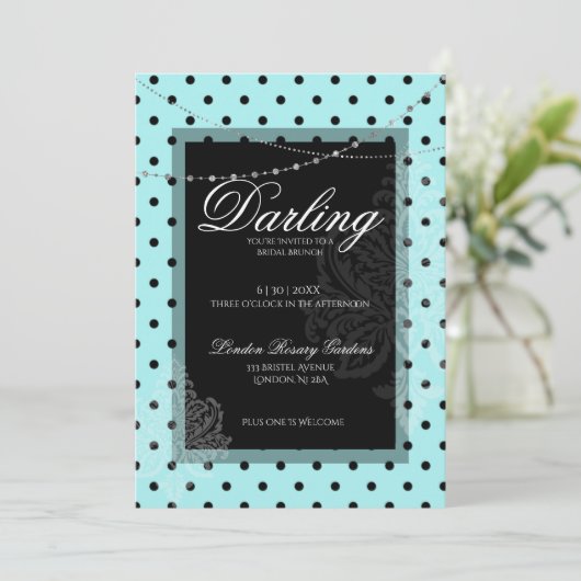 ブライダルブランチ青い黒い水玉模様日付を保存 招待状 (スタンド正面)