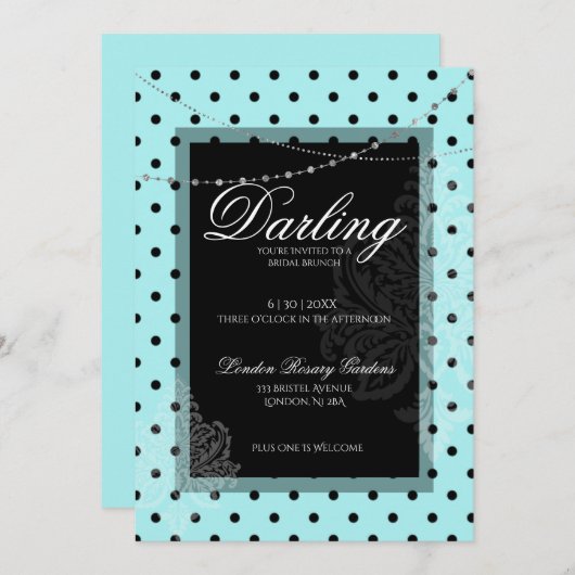 ブライダルブランチ青い黒い水玉模様日付を保存 招待状 (正面/裏面)