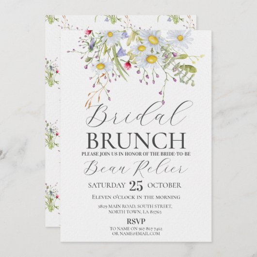 ブライダルブルンチワイルドフラワーズデイジースタイリッシュ花 招待状 (正面/裏面)