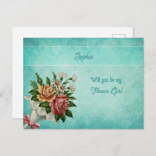 ブライダルブーケパーソナライズされたフラワーガール 案内ポストカード (正面/裏面)