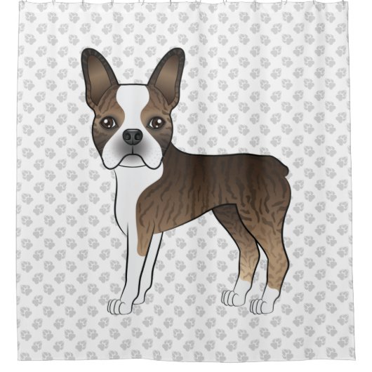 ブライダルボストンテリアかわいい漫画の犬とポーズ シャワーカーテン (正面)