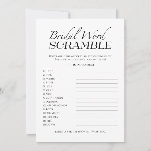 ブライダルワードスクランブルミニマリストゲームカード 招待状 (正面)