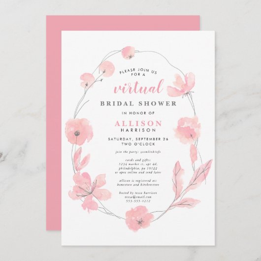 ブライダル仮想シャワー |ピンクのフローラ水色 招待状 (正面/裏面)
