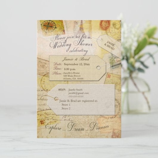 ブライダル旅行シャワーテーマでココアとクリームインヴィ 招待状 (スタンド正面)