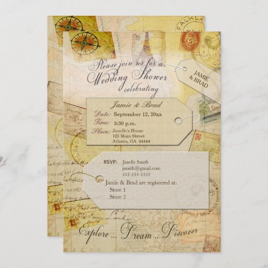 ブライダル旅行シャワーテーマでココアとクリームインヴィ 招待状 (正面/裏面)