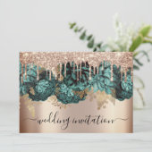 ブライダル結婚のバラブルーティール(緑がかった色)ドリップスフラワー 招待状 (スタンド正面)