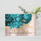ブライダル結婚ズティール（緑がかった色）ブルー金ゴールドバラ牡丹 招待状 (スタンド正面)