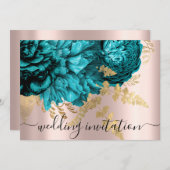 ブライダル結婚ズティール（緑がかった色）ブルー金ゴールドバラ牡丹 招待状 (正面/裏面)