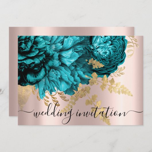 ブライダル結婚ズティール（緑がかった色）ブルー金ゴールドバラ牡丹 招待状 (正面/裏面)