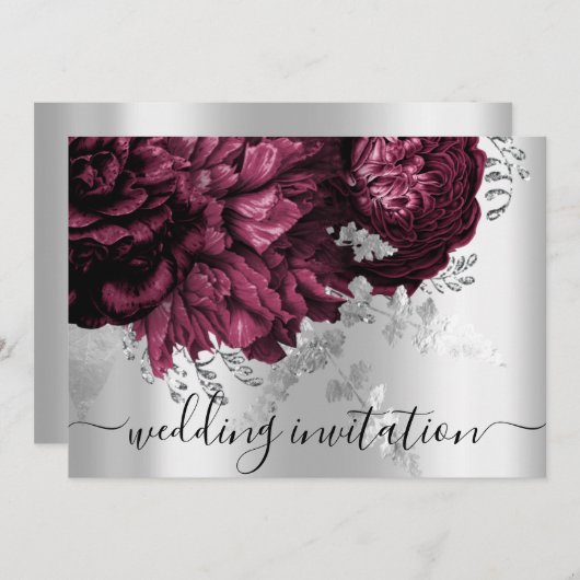 ブライダル結婚ズブルガンディマルサラシルバーフローラ 招待状 (正面/裏面)